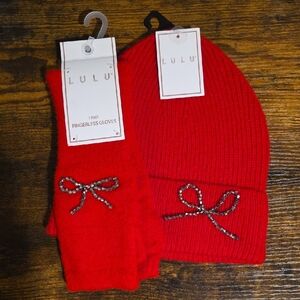 NWT LuLu Vibrant Red Beanie and Fingerless Gloves Set